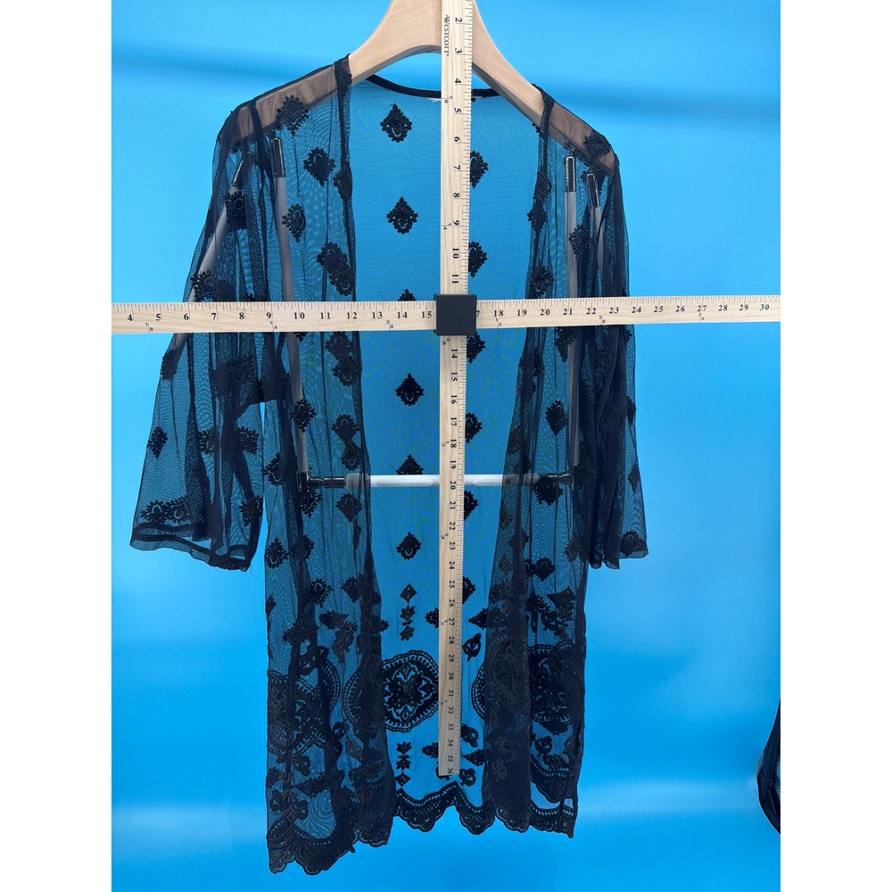 Stellar Black Mesh Embroidered Kimono Duster Lace Trim Open Front Cover Up - Picture 5 of 5